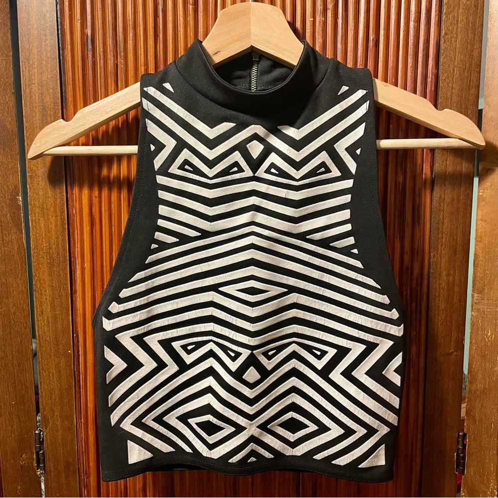Sparkle & Fade Black & White Distressed Puffy Embellished Mock neck Cropped Tank